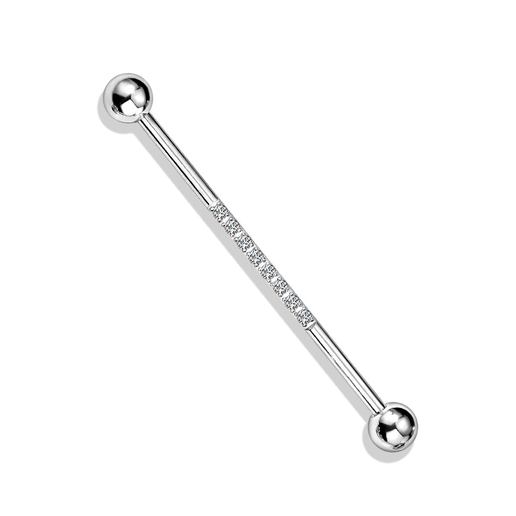 14G Surgical Steel Industrial Barbell with CNC Set Lined CZ on Bar (38MM)